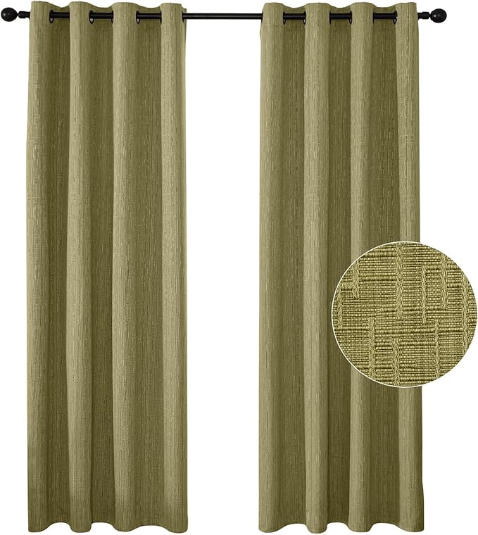 Jacquard Linen Curtains 72 inch Length 2 Panels Thick Faux Linen Blended Window Drapes Burlap Textured Curtains with Grommet for Living Room Bedroom Farmhouse (52x72 Olive Green) Natural