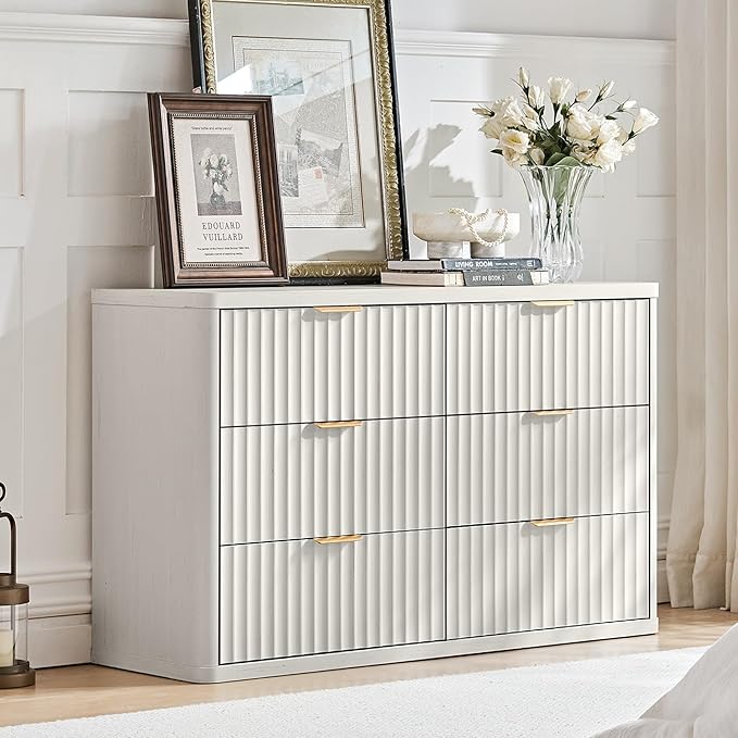 LEYAOYAO 48" Wide Fluted Dresser and 3 Drawers 23" Nightstand Set of 2, Wooden Dresser & Night Stand with Charging Station, 3 Piece Bedroom Furniture Set, Chest of Drawer for Living Room,Antique White