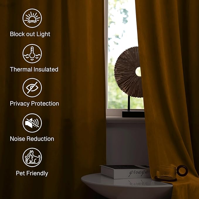 StangH Gold Velvet Curtains 84 inches Long Room Darkening Window Treatment Noise Reducing Privacy Room Divider Drapes for Bedroom/Office, Mustard Gold, W52 x L84, 2 Panels