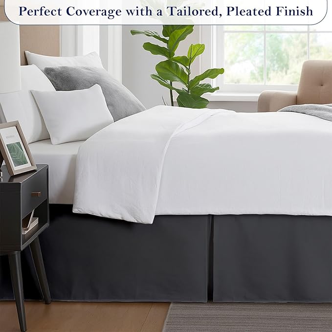 Twin Bed Skirt, Luxury 15 Inch Drop Dark Grey Pleated Bed Skirt, Double Brushed Microfiber, Box Pleat Design, Wrinkle & Fade Resistant, Easy Fit Tailored Bedskirt for Twin Size Beds