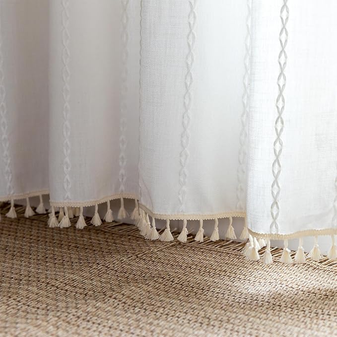 Sutuo Home White Boho Valance Curtains Tier 36 inches for Kitchen Cafe Closet, Short Farmhouse Vintage Tassels Window Treatment Bohemian Stripe Embroidery Drape Rod Pocket 1 Panel 52" W x 36" L