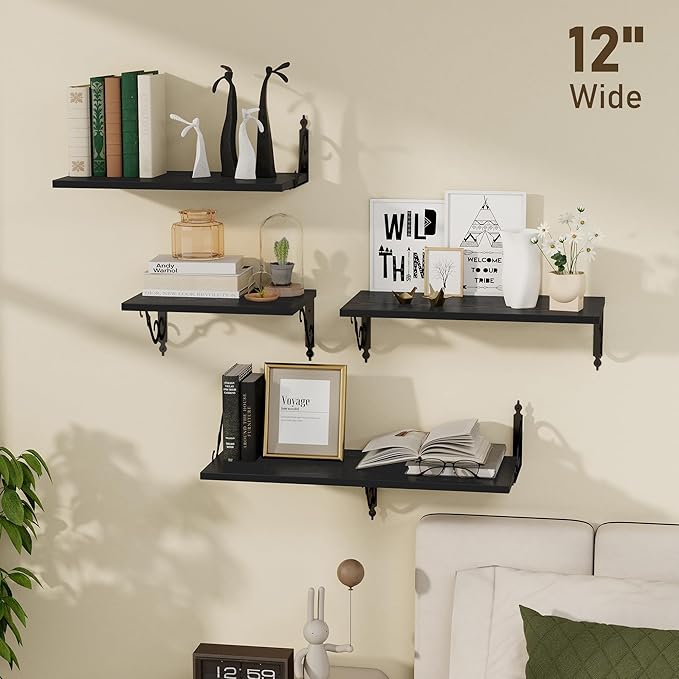 Dreamland Deep Floating Shelves, 40" W x 12" D Wall Shelves Set of 2, Wide Display Shelf Wall Mounted with Brackets, Bookshelf for Living Room, Bathroom, Bedroom, Black