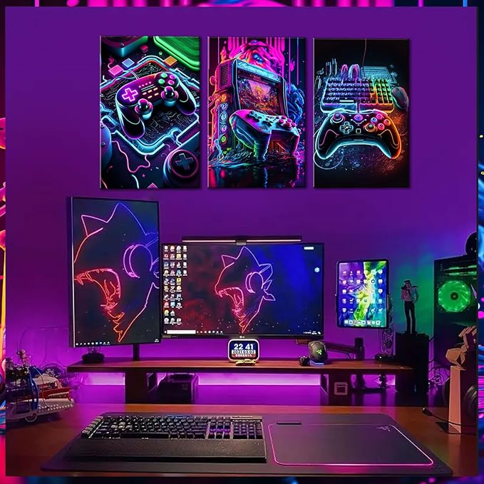 Game Room Decor Posters Set of 3 - Neon Gaming Accessories Theme Canvas Wall Art, Gamer Console Paintings Picture Wall Decor for Children Youth Boys Bedroom 12x16 inch Framed