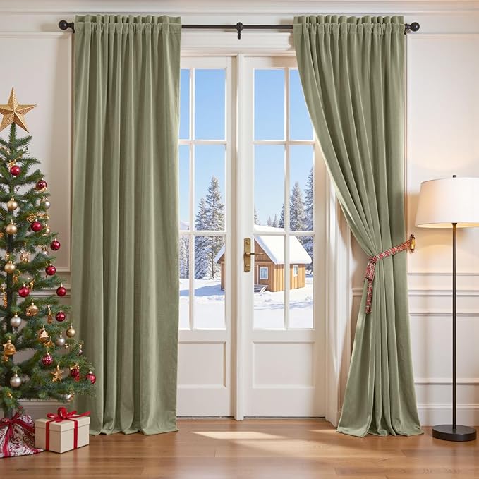Lazzzy Velvet Blackout Curtains Thermal Insulated Room Window Drapes Super Soft Luxury Curtains for Living Room Bedroom Rod Pocket 2 Panels, Olive Sage, 62" W x 90" L