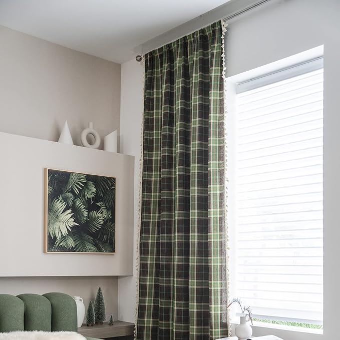 Sutuo Home Boho Curtains for Bedroom 84 Inch Length, Light Filtering Country Farmhouse Vintage Shabby Chic Tassels Window Treatment Bohemian Grid Drape for Xmas Decor 1 Panel 52"W x 84"L, Green Plaids