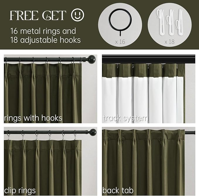 Topfinel 72 Inch Green Linen Blackout Curtains, Pinched Pleated Insulating Noise Reducing Sun Blocking Dark Out Short Boho Cute Short Drapes for Kids Nursery Bedroom 2 Panels, Olive Green Forest Green