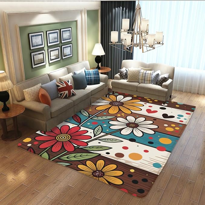 Machine Washable 5' x 7' Bohemian-Style Area Rug, Flowers Floor mat, Suitable for bedrooms, Girls' Room Bedside, Living Room, Dining Room, Office, Non-Slip Low-Pile Retro, Fashionable Carpet