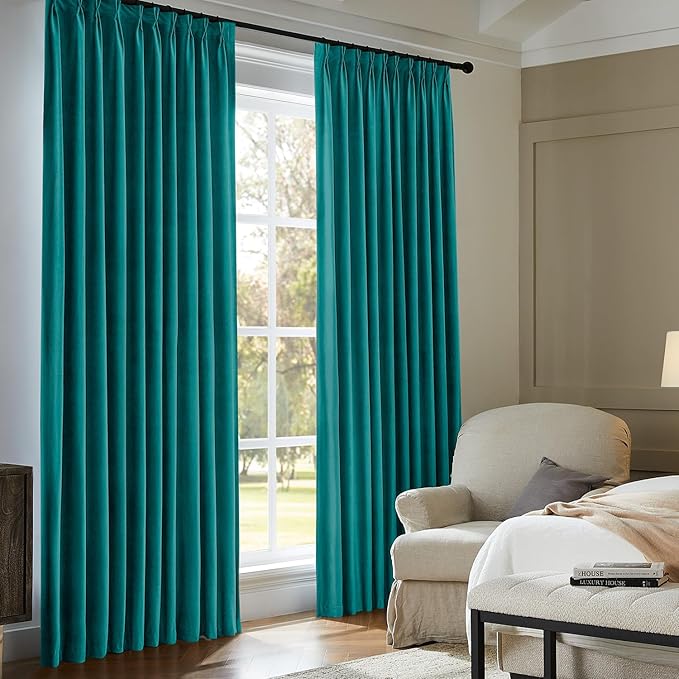Pinch Pleated 100% Blackout Curtains for Bedroom, Teal Velvet Curtains for Living Room, Black Out Curtain 96 inch Long Room Darkening, Blackout Pinch Pleat Drapes with Hooks 2 Panels