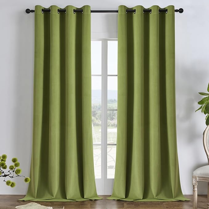 Joydeco Moss Green 100% Blackout Curtains 90 Inch 2 Panels, Luxury Thermal Green Velvet Curtains for Bedroom Living Room, Soundproof Blackout Window Drapes, Grommet Top (52W x 90L)