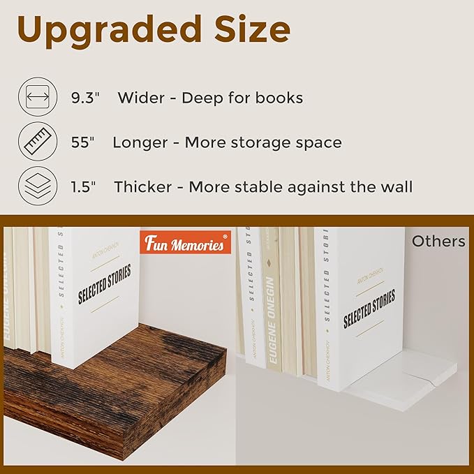Fun Memories 55 Inch Floating Shelves for Wall, 55x9.3 Large Floating Shelf for Bedroom, Kitchen, Bathroom, Wall Mounted Rustic Wood Shelves with Invisible Bracket for Books, Decor, Rustic Brown