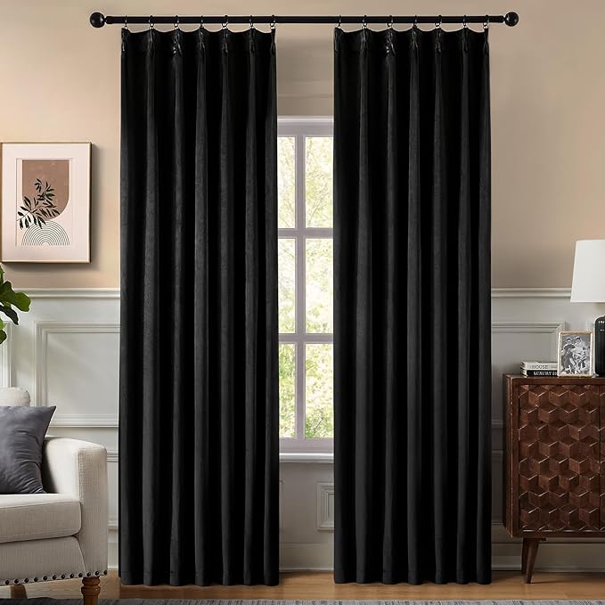 Pinch Pleated 100% Blackout Curtains for Bedroom, Black Velvet Curtains for Living Room, Black Out Curtain 90 inch Long Room Darkening, Blackout Pinch Pleat Drapes with Hooks 2 Panels