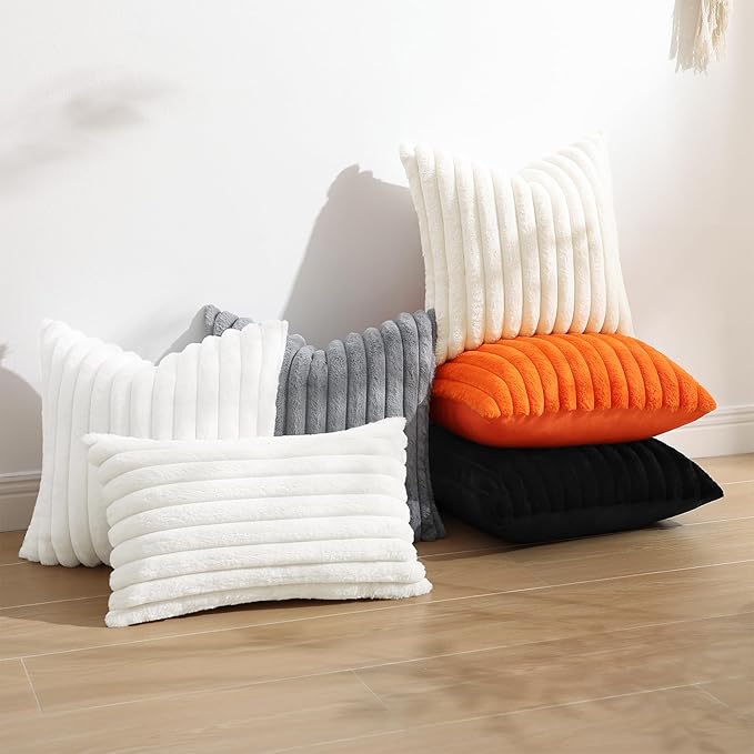 decorUhome Faux Fur Spring Throw Pillow Covers 16x16 Set of 2, Decorative Soft Plush Striped Neutral Couch Pillow Covers with Velvet Back for Sofa, Bed, Living Room Home, Black