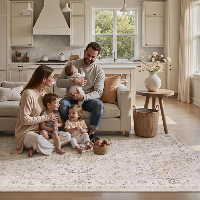 PADOOR 9X12 Area Rug,Rugs for Living Room,Soft Beige Rugs for Bedroom,Machine Washable Rug Non Slip Carpet for Dining Room Living Room Bedside Office