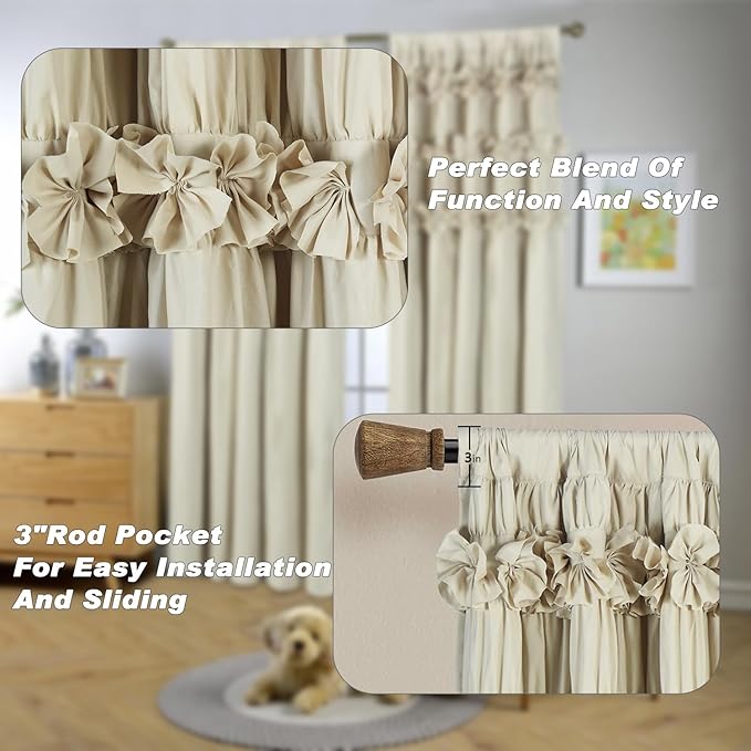 Camel Blackout Curtains with Handmade Ruffles, Butterfly Flower Embellishments for Thermal Insulated Room Darkening Drapes, 42" W x 63" L (Pair) for Bedroom, Living Room (LQ-37)