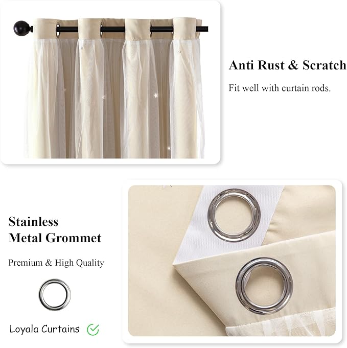 Star Double Layer Blackout Curtains for Bedroom Kids, Cute, 63 Inches Long 2 Panels Set, Beige, 42 X 63 Inches