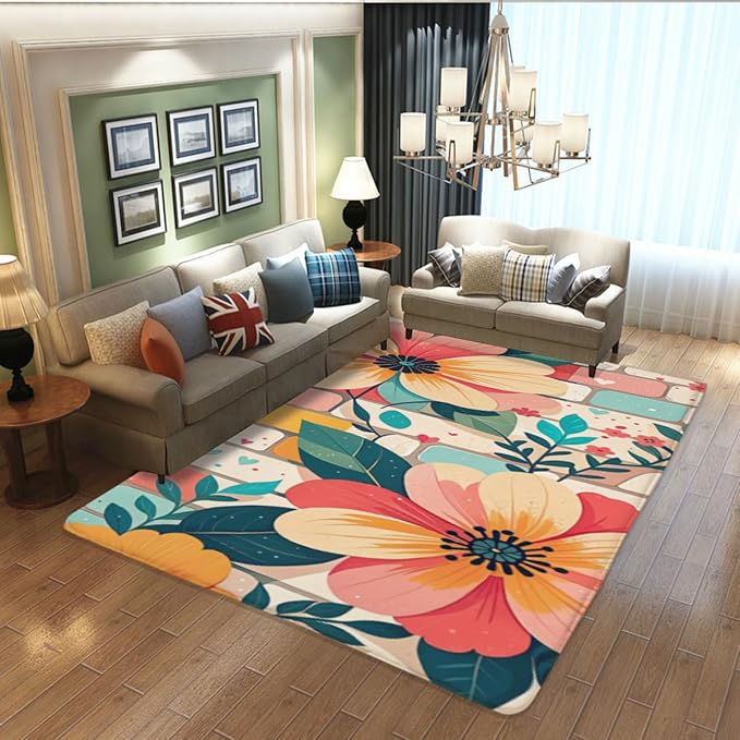 Machine Washable 5' x 8' Bohemian-Style Area Rug, Pink Floor mat, Suitable for bedrooms, Girls' Room Bedside, Living Room, Dining Room, Office, Non-Slip Low-Pile Printed Modern Floral Carpet