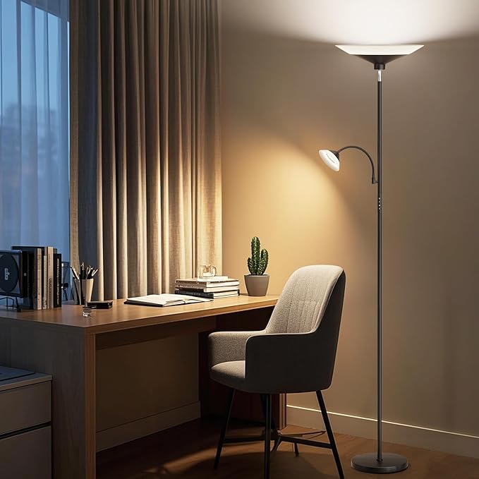Upgraded 2-in-1 Torchiere Floor Lamp, Dimmable Standing Lamp with Remote&Touch Control, 34W Brightness Adjustable Floor Reading Light, Black Modern Corner Lamp for Living Room Bedroom Office