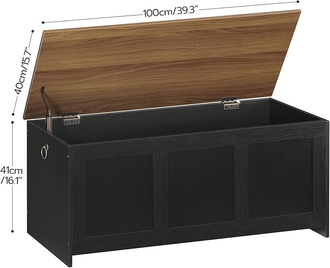 HOOBRO Storage Bench, 39.3" Retro Wooden Storage Chest, Wooden Storage Trunk, Toy Chest with Lift Top, Multifunctional Entryway Organizer, for Entryway, Living Room, Black and Walnut BH141CW01