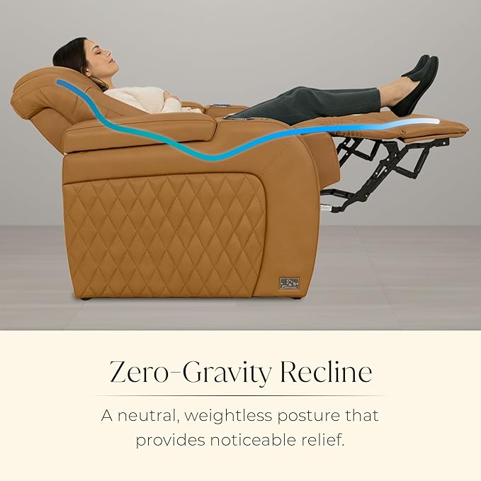 Seatcraft Diamante Zero-Gravity CoolZero Italian Leather Home Theater Seating, Power Headrest, Power Recline, Row of 5 Sofa, Tan Oak