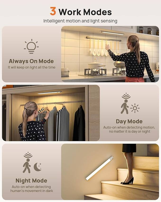 Under Cabinet Lights, 80 LED Motion Sensor Light Indoor,4000mAh USB Rechargeable Closet Light with Remote Control,3 Color Temps Wireless Under Counter Lights for Bedroom,Kitchen,Stairs,4 Pack