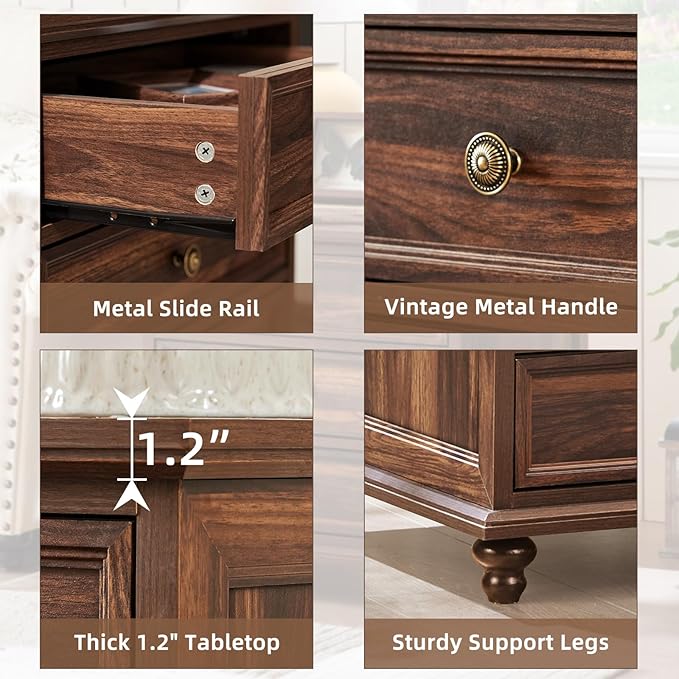 24" Wide Farmhouse Night Stand,Large End Table with 3 Drawers & Metal Handle,Wood Dresser for Bedroom Cabinet, Bed Side Table Chest of Drawers,Brown Nightstand for Living Room,Close