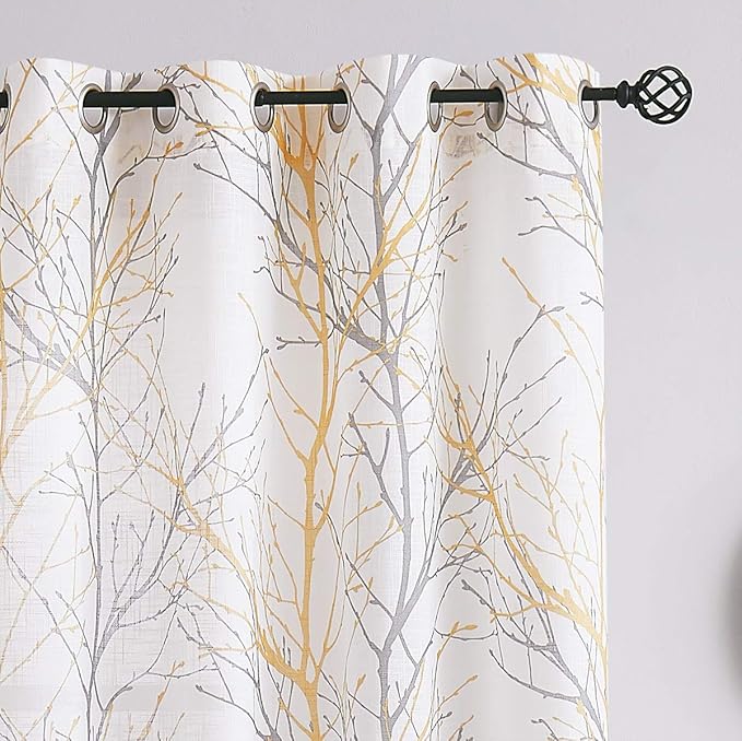 FMFUNCTEX Linen Semi Sheer Curtains for Bedroom, Yellow White Curtains 45 Inches Long for Living Room, Grey Tree Branch Print Curtain Light Filtering Kitchen Window Drapes, Grommet Top 2 Panels