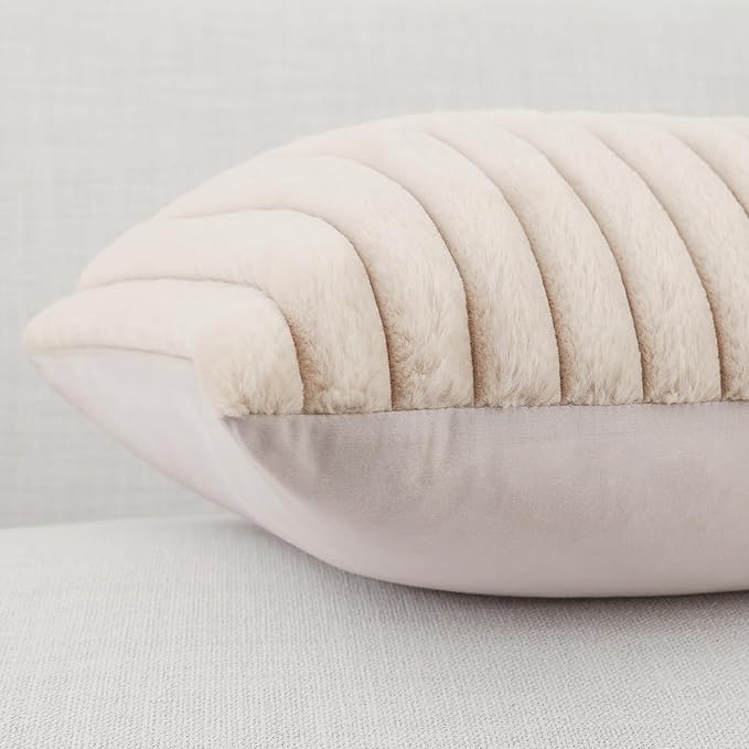 Pallene Faux Fur Plush Lumbar Throw Pillow Covers 12x20 Set of 2, Luxury Soft Fluffy Striped Decorative Pillow Covers for Sofa, Couch, Living Room, Apricot