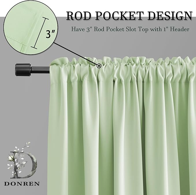 DONREN Light Green Blackout Curtains 96 inch Length for Livingroom, Rod Pocket Thermal Insulated Energy Efficiency Window Draperies (2 Panels, 52 inch Wide by 96 inch Long)