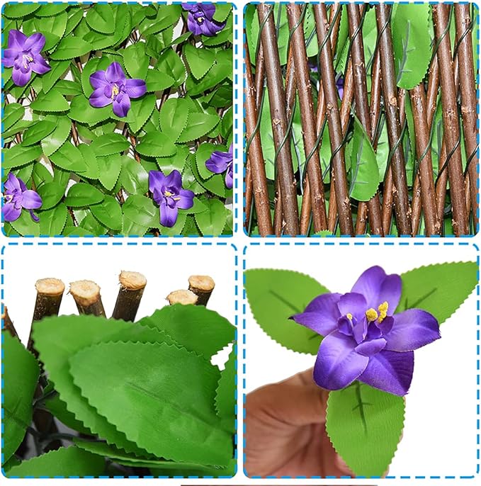 Sumery Expandable Fence Privacy Screen for Balcony Patio Outdoor,Decorative Faux Ivy Fencing Panel,Artificial Hedges (Single Sided Leaves) (4, Green Flowers)
