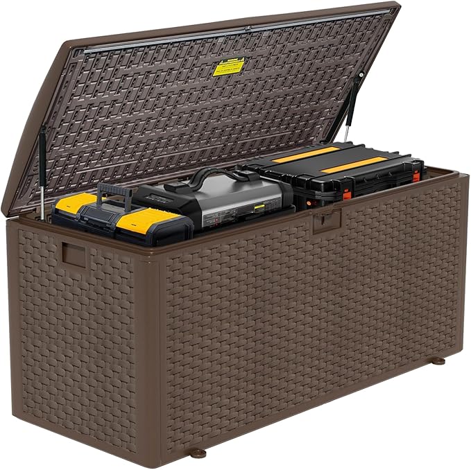180 Gallon Pro Outdoor Storage Box Waterproof Lockable Resin Deck Box Large, Patio Storage Bin for Pool Accessories Cushion Furniture, Garden Tools, UV-Resistant Outside Delivery Brown