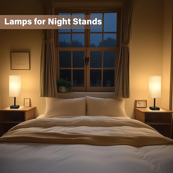 Fenmzee Bedside Lamps for Bedroom Set of 2 - Small Rectangular Nightstand Lamp with USB A C Charging Port, 3 Color Temperatures Desk Light with Bulb, Tabletop Reading Lamp for Living Room/Dorm/Office