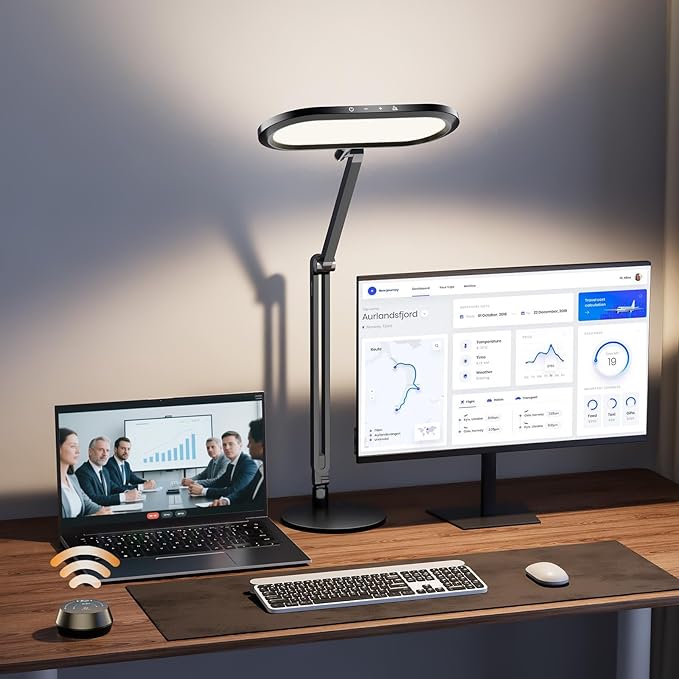 Premium LED Desk Lamp for Home Office – Eye-Caring Double Side Light with Knob Remote, Stepless Dimming & Color, Memory, Metal Table Lamp for Zoom, Studying, Video Conference, Flicker-Free, Glare-Free