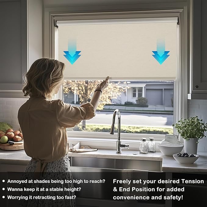 HESTIA No Drill Cordless Blackout Roller Shades Screwless Waterproof Shower Window Blinds, Auto-Retraction Easy Install Blind for Bedroom/Living Room/Kitchen, Cream Linen, 47" W x 72" H