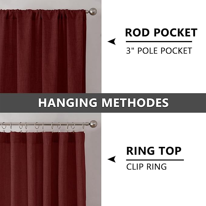 Tollpiz Short Linen Tier Curtains Rod Pocket Semi Sheer Half Kitchen Curtain Burlap Light Filtering Thick Linen Drapes for Bathroom, 30 x 24 inches Long, Burgundy Red, Set of 2 Panels