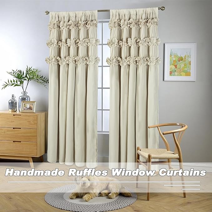 Camel Blackout Curtains with Handmade Ruffles, 52" W x 96" L x 2 Panels, Butterfly Flower Embellishments for Thermal Insulated Room Darkening Drapes, Rustic Rod Pocket Drapes (LQ-37)