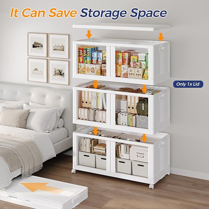 250GAL Large Stackable Storage Bins with Lid and Wheels, 1000Qt Collapsible Organizer Cabinet with Clear Door, for Closet, Bedroom, Kitchen, Garage, 5-Pack White