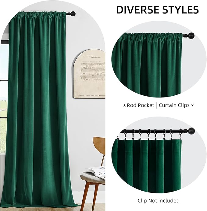 Joydeco Dark Green Velvet Curtains 63 inch Length 2 Panels Burg Set, Luxury Rod Pocket Thermal Insulated Window Blackout Curtain, Room Darkening Drapes for Living Dining Room Bedroom Privacy