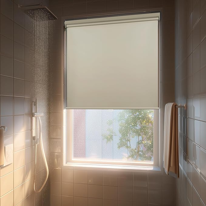 HESTIA No Drill Cordless Blackout Roller Shades Screwless Waterproof Shower Window Blinds, Auto-Retraction Easy Install Blind for Bathroom/Kitchen/Office/Exterior, Cream, 44.5" W x 72" H