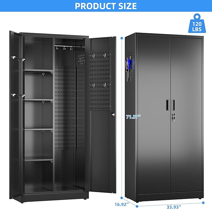 33.93 in Wide Garage Storage Cabinet, Metal Storage Cabinet with Pegboards and 4 Adjustable Shelves, Garage Storage System with Lockable Door for Offices, Gyms and Pantries, Black