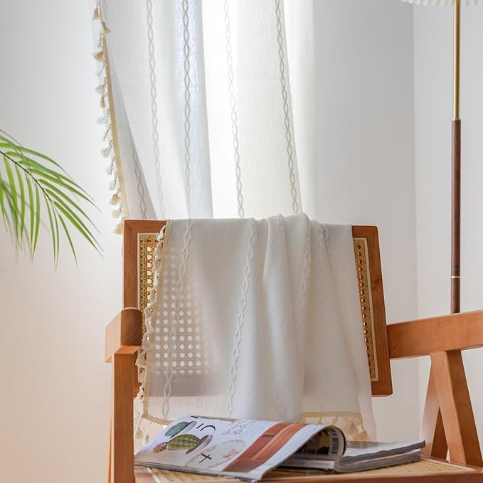 Sutuo Home White Boho Curtains, Bohemian 1 Panel 108 inches Extra Long for Bedroom Living Room Nursery Patio Christmas Decor, Vintage Country Striped Farmhouse Window Treatment, 52" W x 108" L
