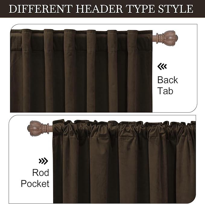RYB HOME Brown Velvet Curtains 102 inches, Back Tab Soft Fabric Room Darkening Thermal Insulated Luxurious Home Decor Curtains for Living Room Bedroom, W 52" x L 102", 2 Panels Set