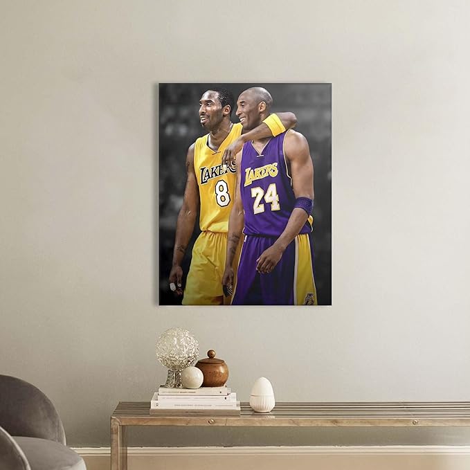 Kobe Bryant Canvas Wall Art Print Poster, Iconic Basketball Player Dual-Era Tribute Artwork, No. 8 and No. 24 Jersey Mamba Mentality Wall Decor for Home Gym Dorm Office Living Room, Framed 11x14inch
