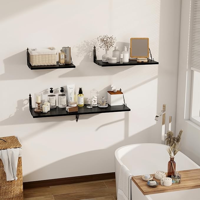 Dreamland Deep Floating Shelves, 40" W x 12" D Wall Shelves Set of 2, Wide Display Shelf Wall Mounted with Brackets, Bookshelf for Living Room, Bathroom, Bedroom, Black