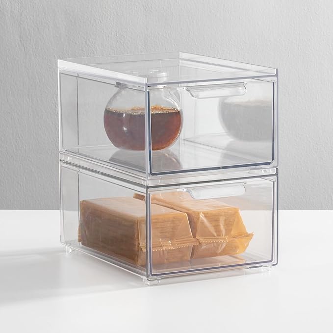 mDesign Stackable Storage Containers Box with Pull-Out Drawer - Stacking Plastic Drawers Bins for Kitchen Pantry and Cupboard, Cabinet, Counter, Island and Tables - Lumiere Collection - 2 Pack - Clear