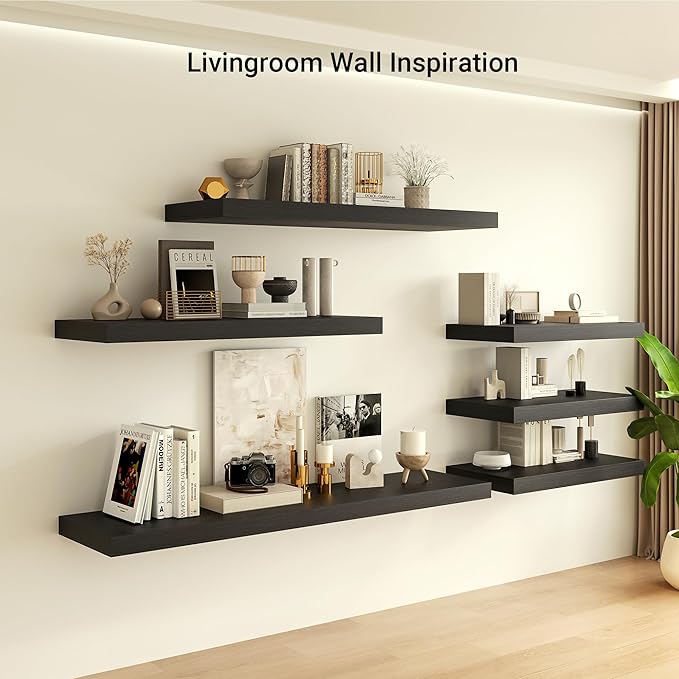 Heimlove 12" Deep Floating Shelves, 36 x 12 Inch Wall Mounted Long Floating Shelf with Invisible Brackets, for Home Decor, Bedroom, Kitchen, Living Room, Bathroom - 1 Pack, Black