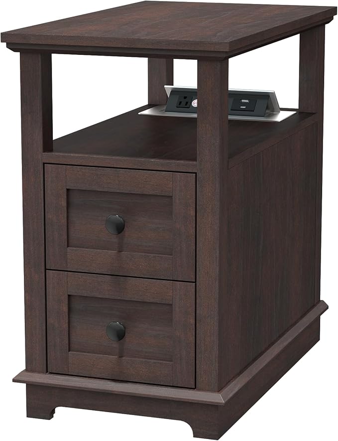 HIFYOBRO Narrow End Table with Flip Top Charging Station, Side Table with 2 Drawers, Type-C & USB Port & Power outlets, Wooden Storage Cabinet, Side Table with Storage for Living Room and Bedroom
