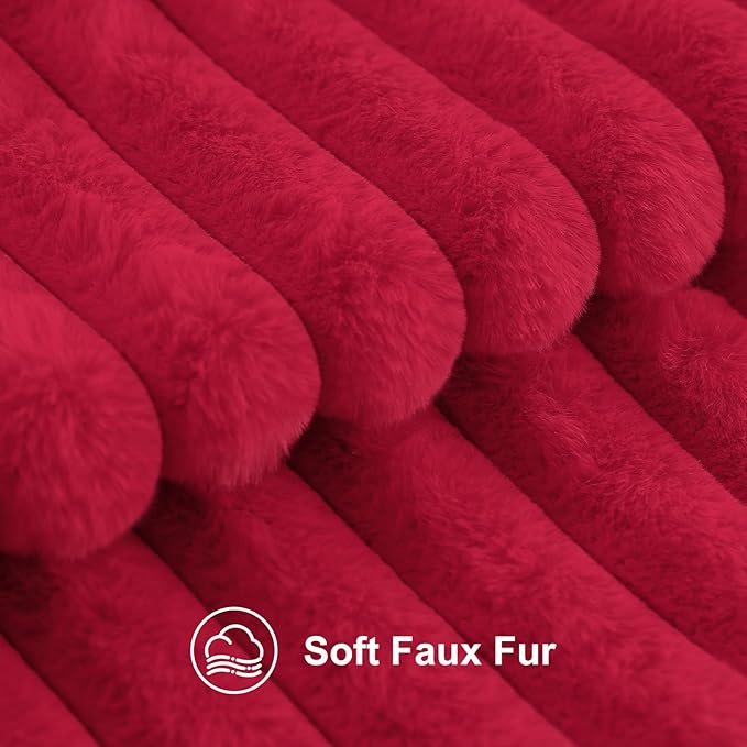 decorUhome Faux Fur Spring Throw Pillow Covers 20x20 Set of 2, Decorative Soft Plush Striped Neutral Couch Pillow Covers with Velvet Back for Sofa, Bed, Living Room Home, Red