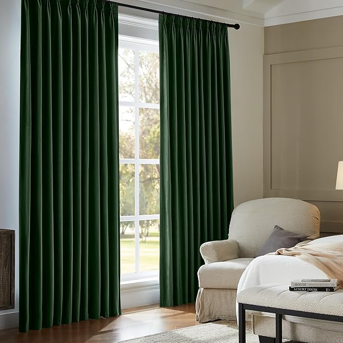 Pinch Pleated 100% Blackout Curtains for Bedroom, Olive Green Velvet Curtains for Living Room, Black Out Curtain 96 inch Long Room Darkening, Blackout Pinch Pleat Drapes with Hooks 2 Panels