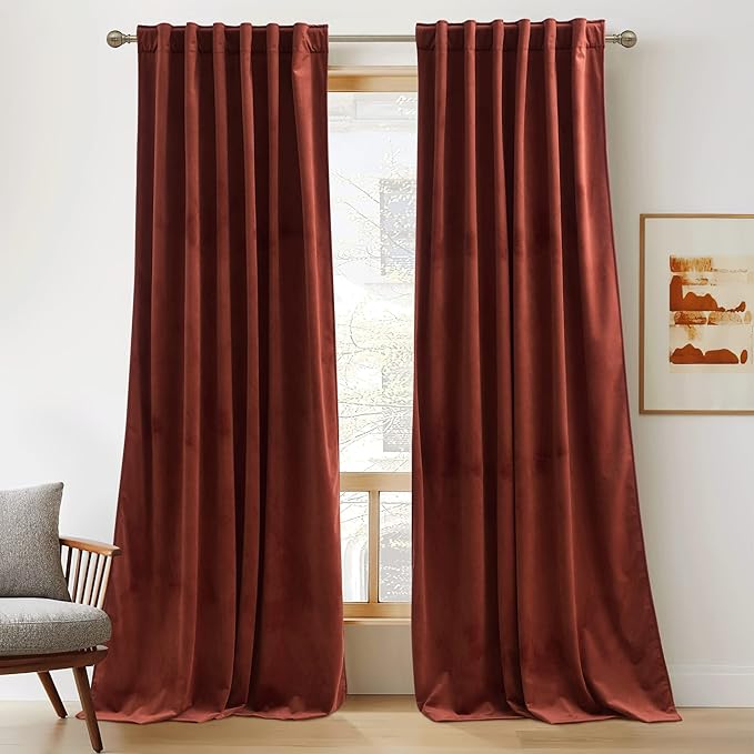 RYB Home Rust Red Velvet Curtains 84 inches Long, Thermal Insulated Panel for Bedroom Room Darkening Window Treatment for Holiday Backdrop Privacy Drapes for Guest Room, W52 x L84, 2 Panels