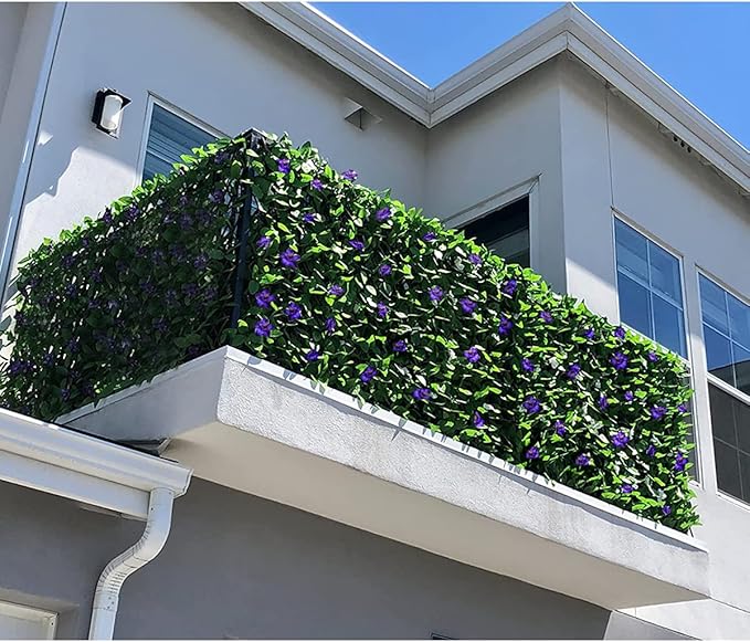 Sumery Expandable Fence Privacy Screen for Balcony Patio Outdoor,Decorative Faux Ivy Fencing Panel,Artificial Hedges (Single Sided Leaves) (4, Green Flowers)